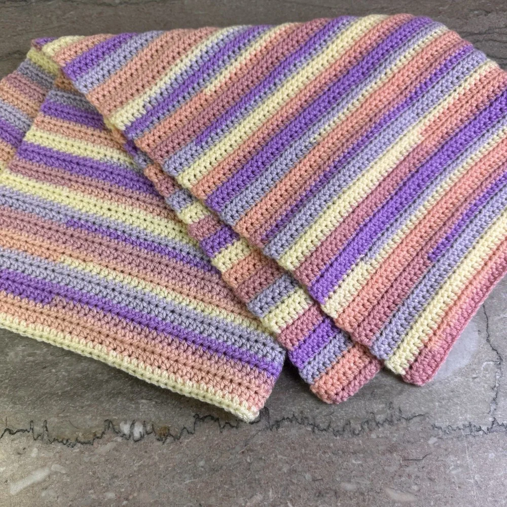 Pastel Purple Peach Blue Yellow Crochet Crib Baby Blanket, Extra Soft, 28 X 28